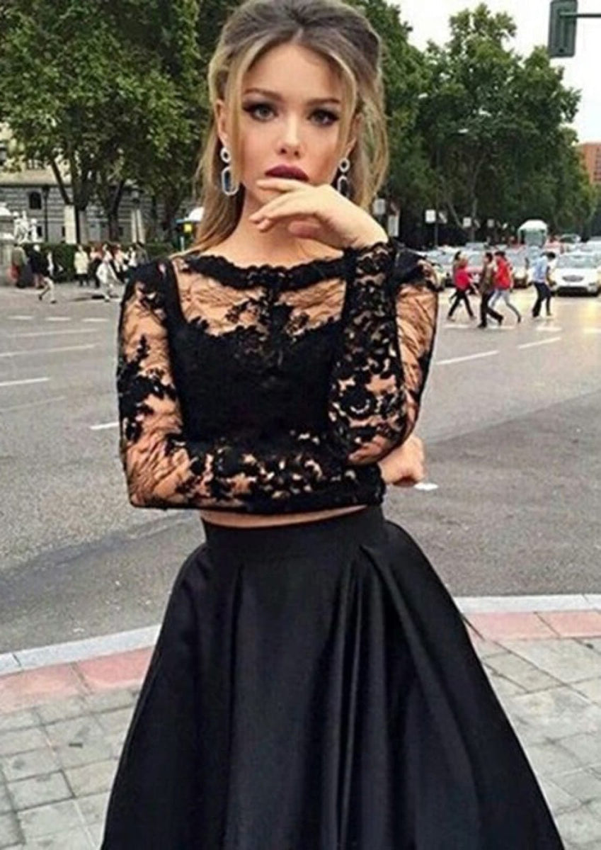 Buy A line Two Piece Black Long Sleeve Prom Dress With Floral