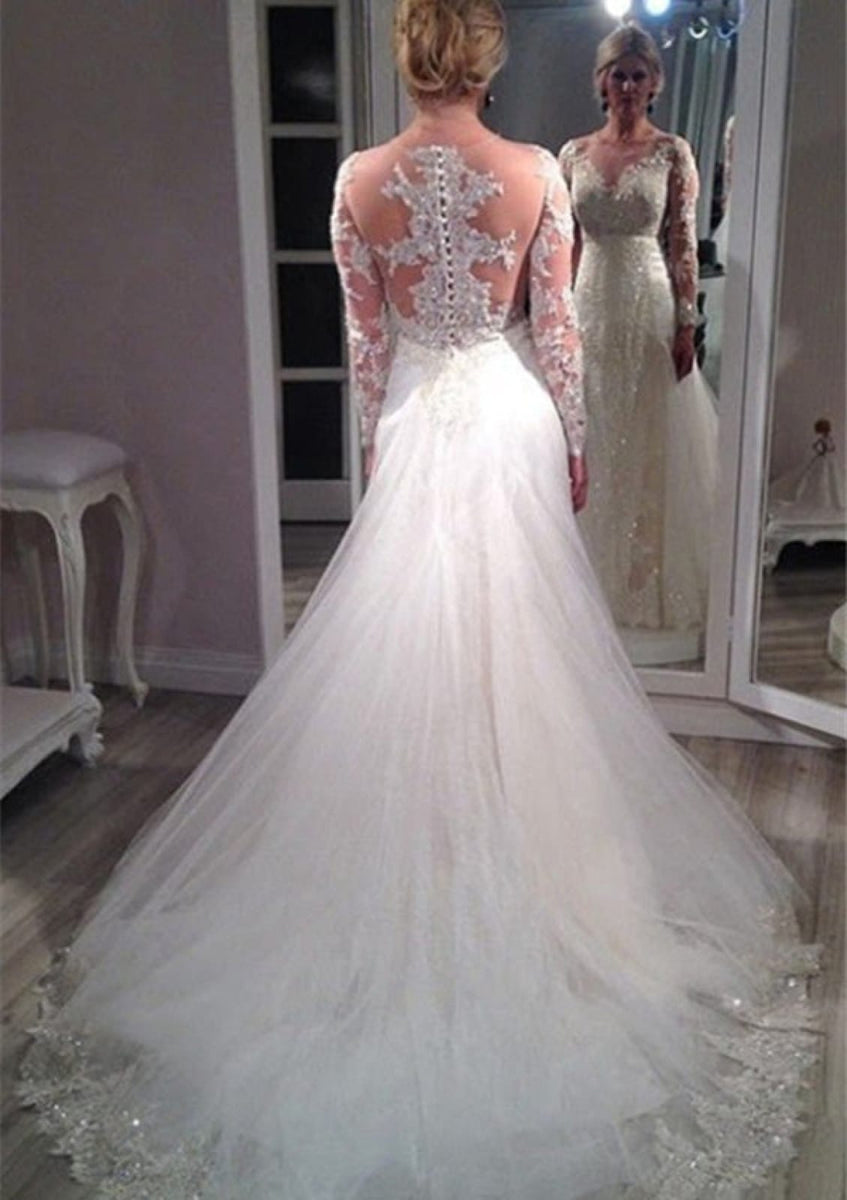 A-Line Illusion Scoop Neck Long Sleeve Lace Champagne Tulle Wedding Dress