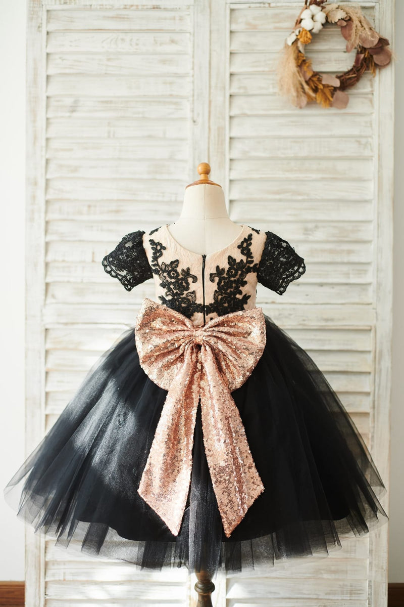 Black Lace Tulle Short Sleeves Wedding Flower Girl Dress Sequin Bow Princessly