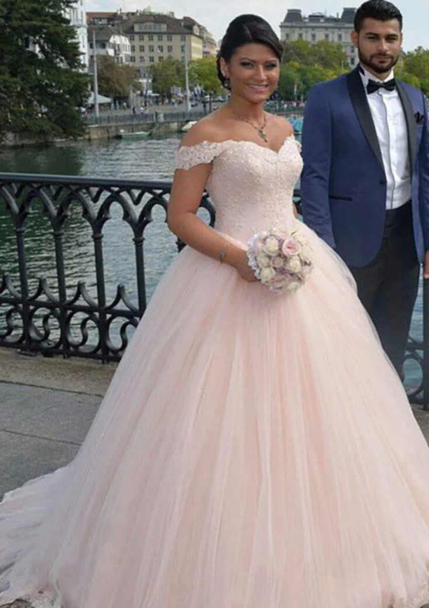 Blush Pink Tulle Ball Gown Off Shoulder Bridal Wedding Dress