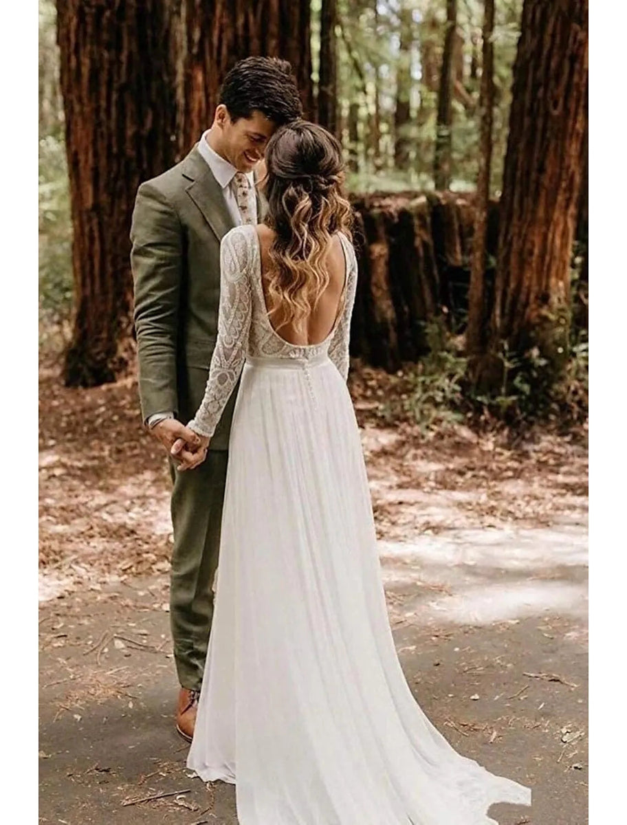 A-Line Wedding Dress Long Sleeve Open Back Bateau Sweep Lace