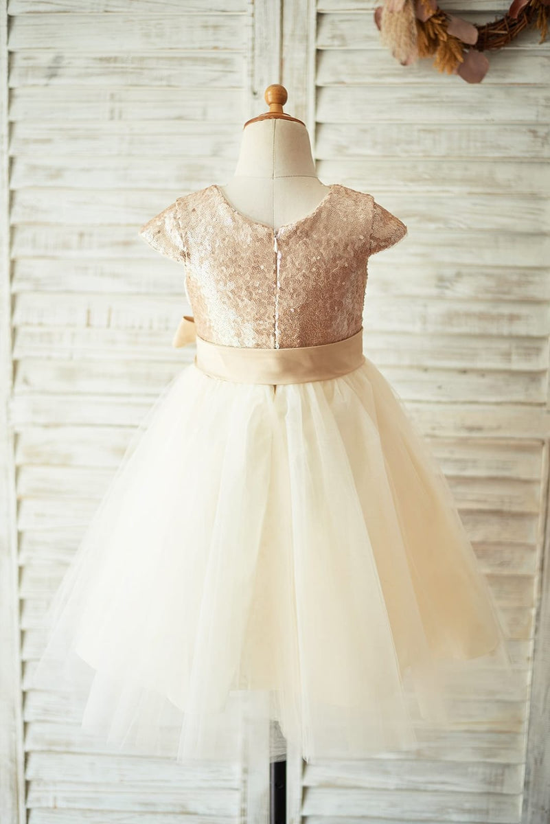 Fancy Champagne Flower Girl Dress Long Sequin Girls Dresses Tulle