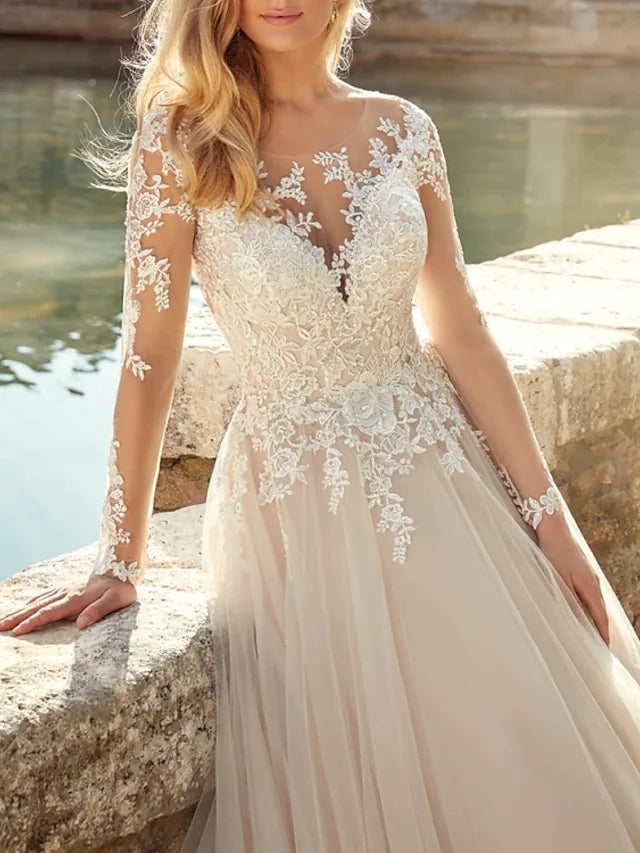 A Line Tulle Wedding Dress With Long Sleeves, Beaded Lace Bodice
