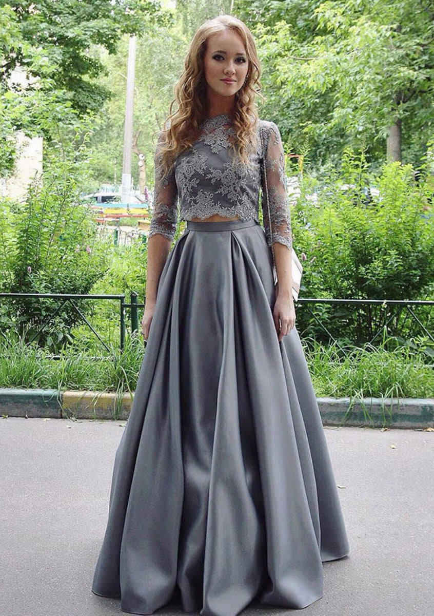 Gray Satin Prom Gown Lace A Line 3 4 Sleeve Floor Length 2 Piece Set Dress