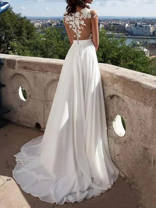 A-Line Wedding Dress Long Sleeve Open Back Bateau Sweep Lace 2024 Brid -  Princessly