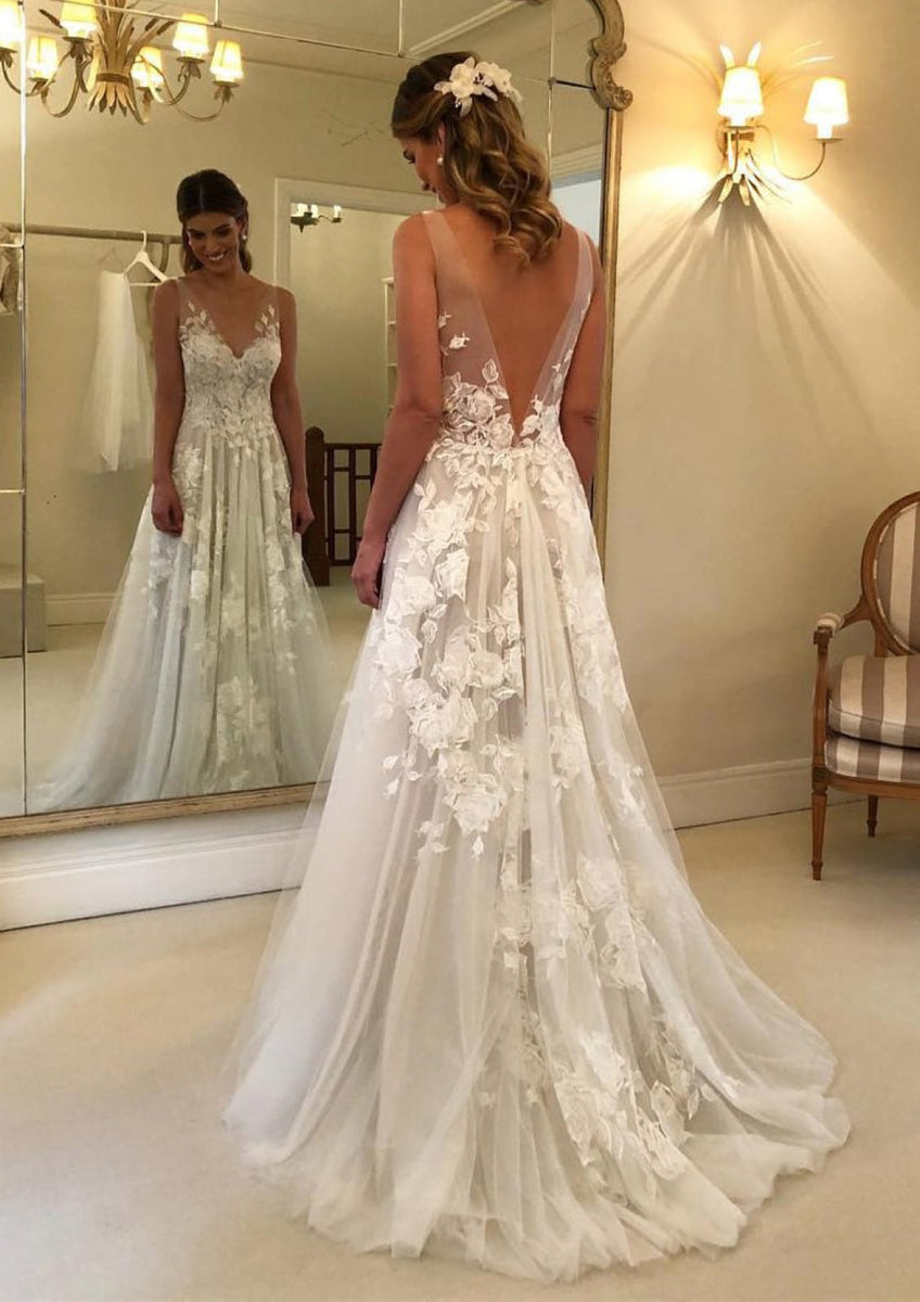 Deep v open shop back wedding dress