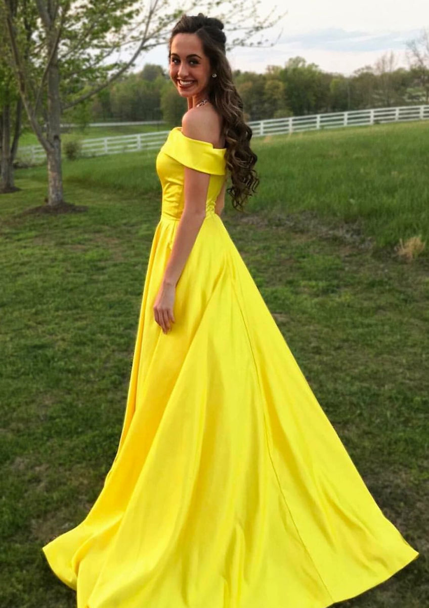 A-line Off Shoulder Straight Neck Sweep Train Yellow Satin Prom Dress