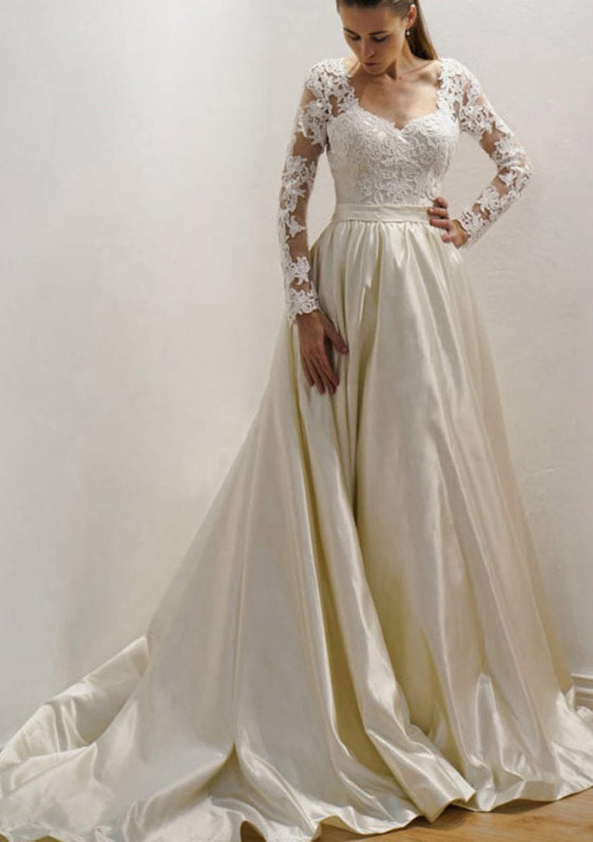 A-Line Sweetheart Court Champagne Satin Wedding Dress, Lace - Princessly
