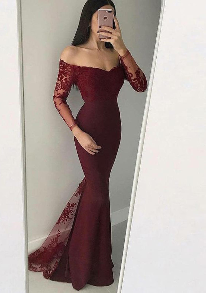 Burgundy long 2024 sleeve mermaid dress