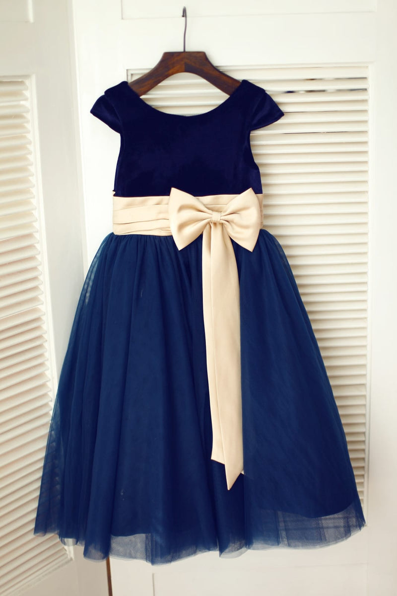 Navy Blue Velvet Tulle Cap Sleeve Wedding Flower Girl Dress Princessly