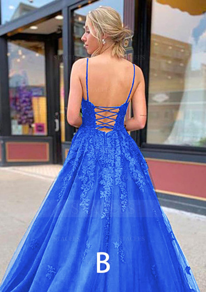 Open Back Blue Lace Tulle Long Prom Dress, Light Blue Lace Formal
