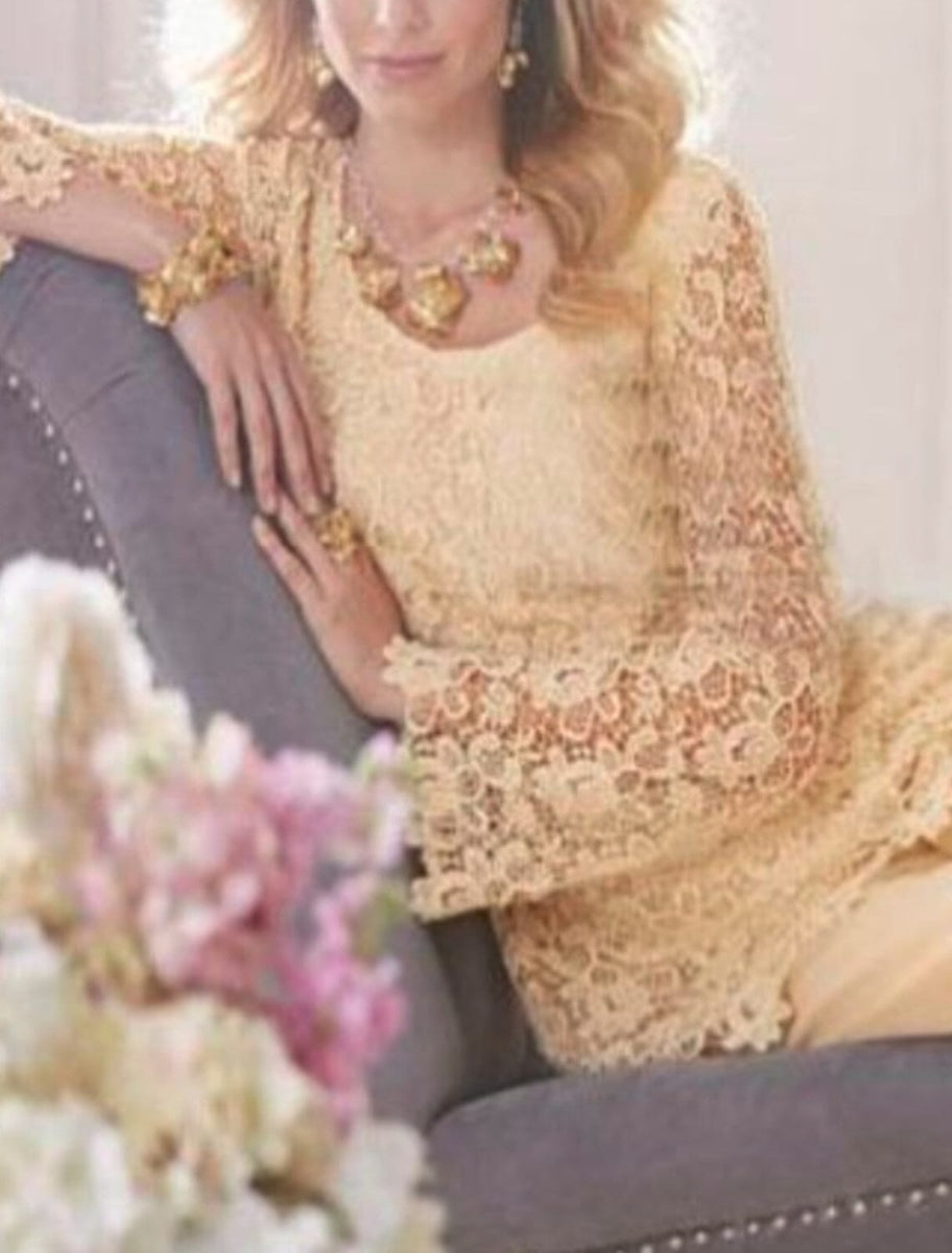 Scoop Neck Lace Chiffon Long Sleeve 2 Pieces Mother of Bride Pantsuit -  Princessly