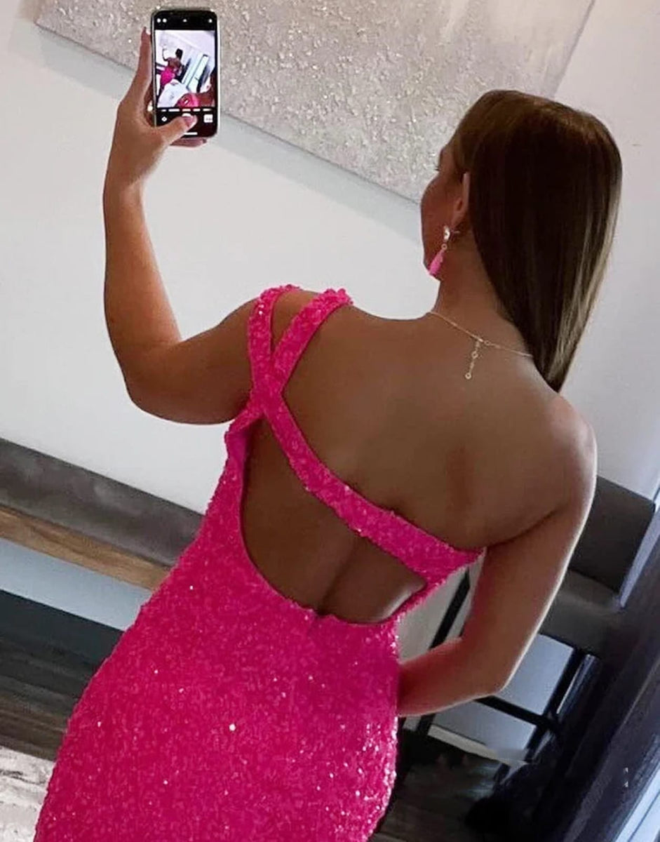 pgmdress Glitter One-Shoulder Hot Pink Homecoming Dress with Sequins PD462 Custom Size / Hot Pink