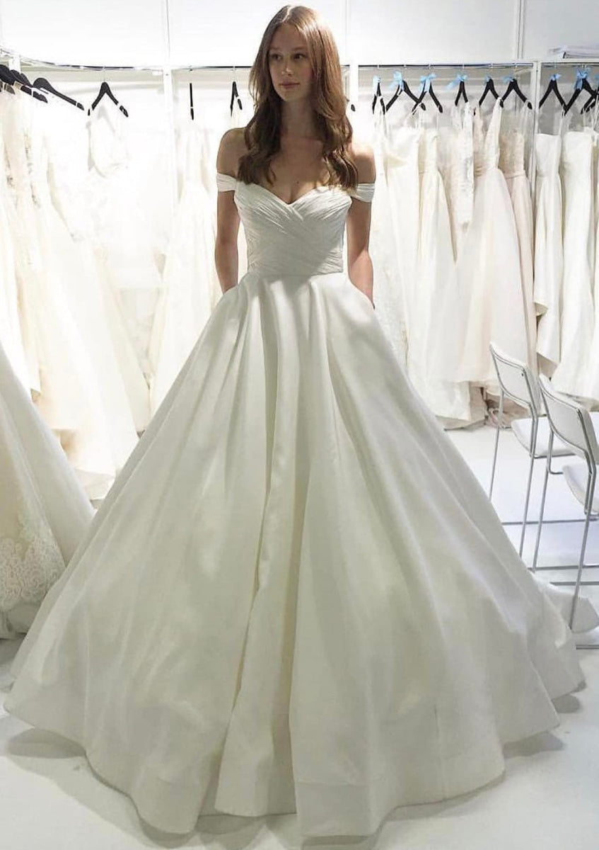 Off the shoulder Princess Wedding Dress with Satin Outer Skirt CW2513