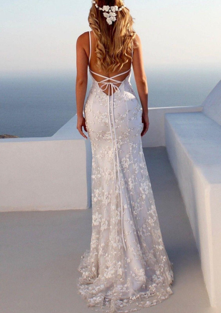 Simple Silk Satin Mermaid Backless Spaghetti Straps Wedding Dresses, MW602
