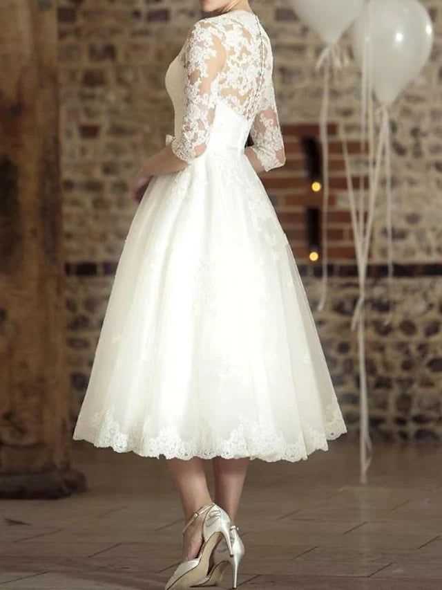 3/4 Sleeve Bateau Knee-Length Ball Gown Satin Wedding Dress With