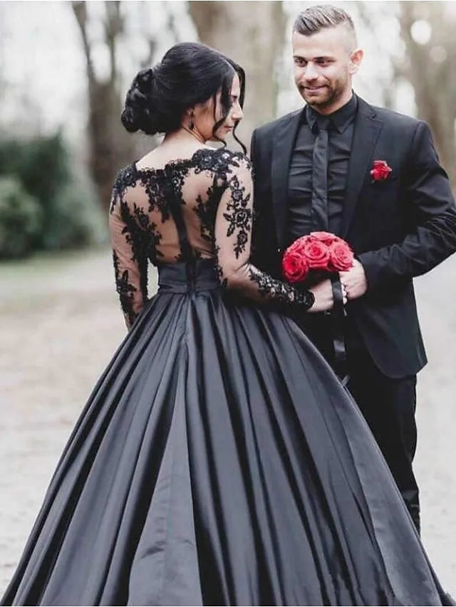 A-line Scalloped Bateau Long Sleeve Illusion Lace Satin Black Wedding -  Princessly