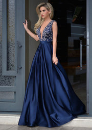 A-Line Plunging Deep V-Back Floor-Length Beaded Royal Blue Satin Prom Dress