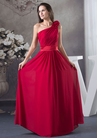 Chiffon Bridesmaid Dress A-Line One-Shoulder Floor-Length, Pleated Flowers