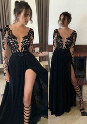 Sexy A-Line Illusion Long Sleeve Black Chiffon Floor-Length Prom Dress, Lace Split