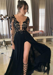 Sexy A-Line Illusion Long Sleeve Black Chiffon Floor-Length Prom Dress, Lace Split