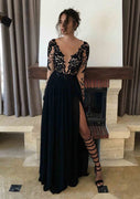 Sexy A-Line Illusion Long Sleeve Black Chiffon Floor-Length Prom Dress, Lace Split