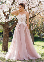 Princess Sleeveless Scoop Neck Floor-Length Blush Pink Tulle Prom Dress, Lace