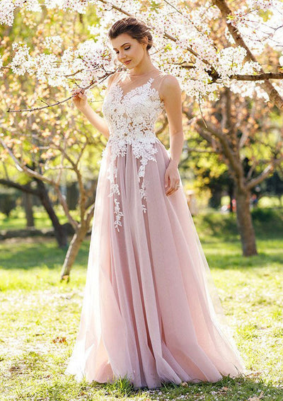 Princess Sleeveless Scoop Neck Floor-Length Blush Pink Tulle Prom Dress, Lace