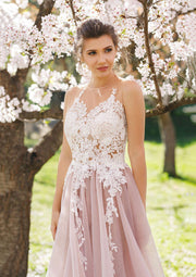 Princess Sleeveless Scoop Neck Floor-Length Blush Pink Tulle Prom Dress, Lace