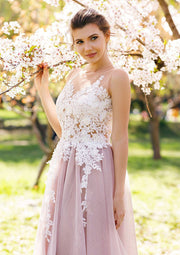 Princess Sleeveless Scoop Neck Floor-Length Blush Pink Tulle Prom Dress, Lace