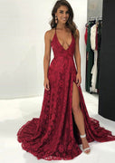 A-line Halter Plunging V-neck Backless Sweep Train Burgundy Lace Prom Dress, Slit