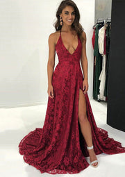 A-line Halter Plunging V-neck Backless Sweep Train Burgundy Lace Prom Dress, Slit