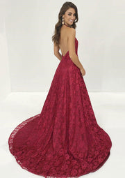 A-line Halter Plunging V-neck Backless Sweep Train Burgundy Lace Prom Dress, Slit