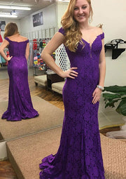 Sheath Off Shoulder Plunging Sleeveless Sweep Train Purple Lace Prom Dress