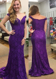 Sheath Off Shoulder Plunging Sleeveless Sweep Train Purple Lace Prom Dress