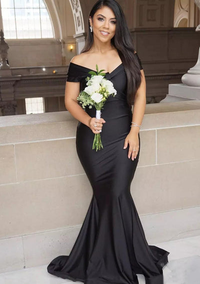 Mermaid Off Shoulder V-neck Sleeveless Pleated Sweep Train Jersey Prom Dress