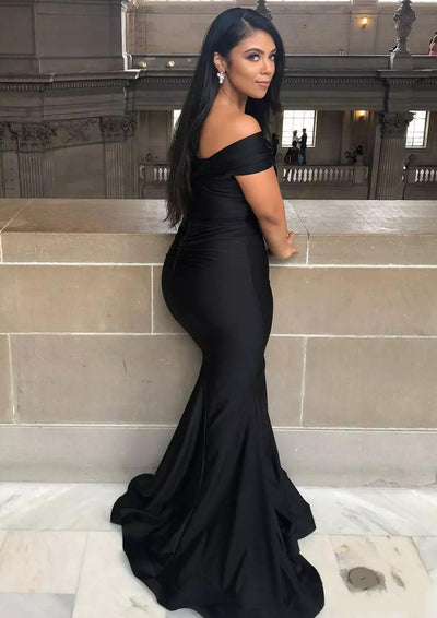 Mermaid Off Shoulder V-neck Sleeveless Pleated Sweep Train Jersey Prom Dress