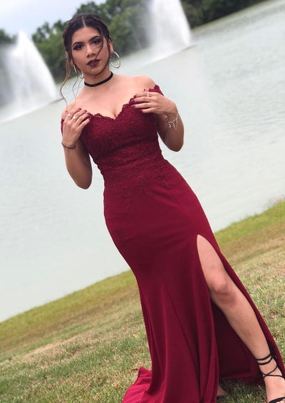 Trumpet Off Shoulder Sleeveless Sweep Train Elastic Burgundy Satin Prom Dress, Split