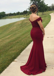 Trumpet Off Shoulder Sleeveless Sweep Train Elastic Burgundy Satin Prom Dress, Split