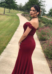 Trumpet Off Shoulder Sleeveless Sweep Train Elastic Burgundy Satin Prom Dress, Split