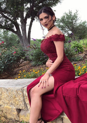 Trumpet Off Shoulder Sleeveless Sweep Train Elastic Burgundy Satin Prom Dress, Split