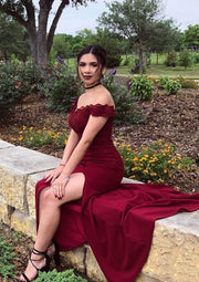 Trumpet Off Shoulder Sleeveless Sweep Train Elastic Burgundy Satin Prom Dress, Split