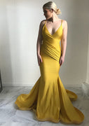 Mermaid Sleeveless Surplice V-neck Jersey Backless Court Train Long Prom Dress