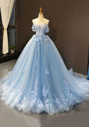 Princess Ball Gown Off-the-Shoulder Sweetheart Sweep Train Tulle Prom Dress, Lace