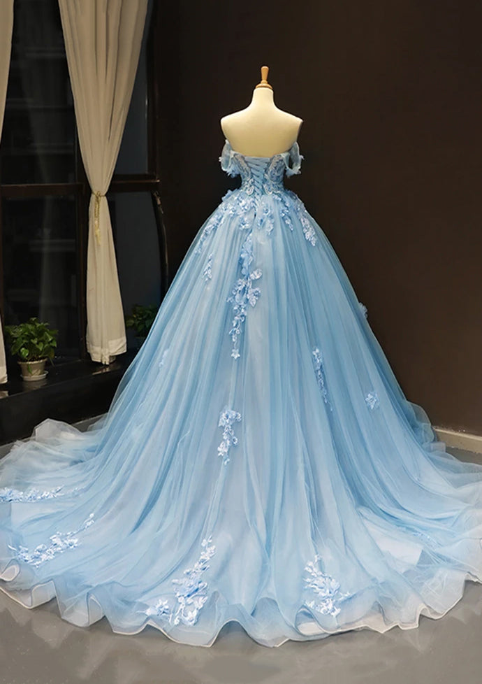 Princess Ball Gown Off-the-Shoulder Sweetheart Sweep Train Tulle Prom ...