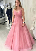 Ball Gown Pleared Criss-cross Backless Floor-Length Sparkling Tulle Prom Dress