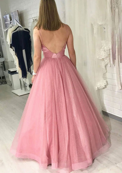 Ball Gown Pleared Criss-cross Backless Floor-Length Sparkling Tulle Prom Dress