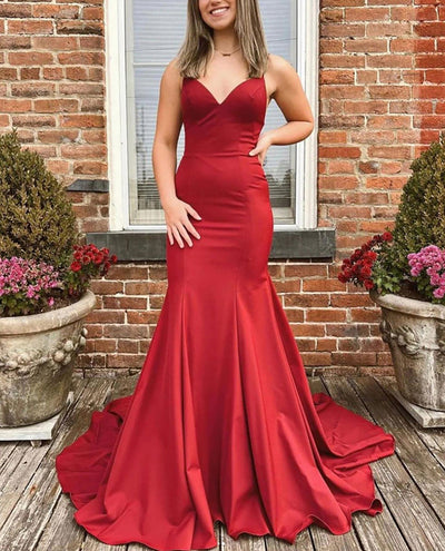 Mermaid V Neck Backless Spaghetti Straps Sweep Train Satin Prom Dress, Bowknot