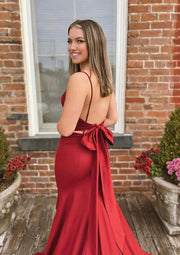 Mermaid V Neck Backless Spaghetti Straps Sweep Train Satin Prom Dress, Bowknot