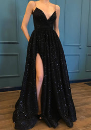 A-line V Neck Sleeveless Metallic Yarn Floor-Length Prom Dress, Split Pockets Sequins